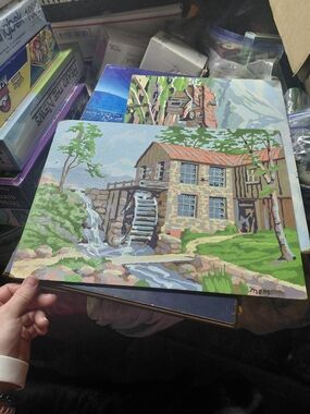 vintage 1960s paint by numbers kit depicting a New England grist mill with a wat